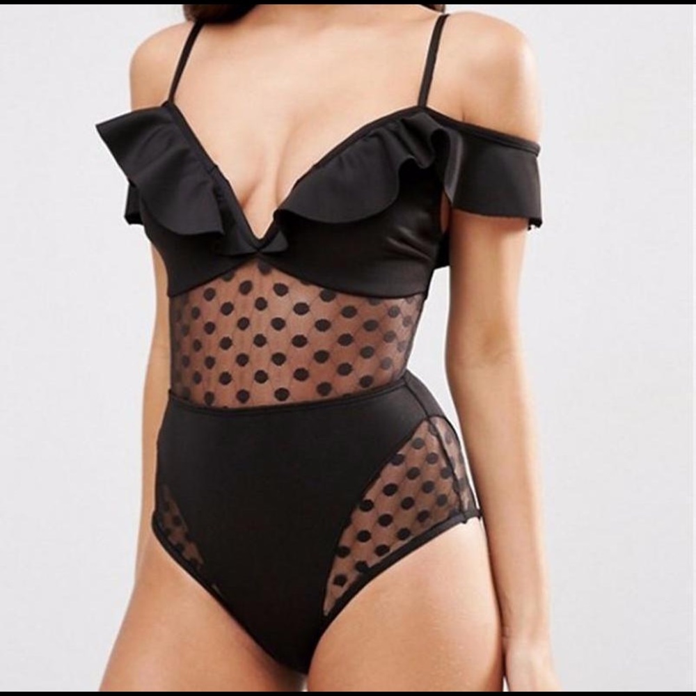 MESH RUFFLE ONE-PIECE OFF SHOULDER SWIMSUIT